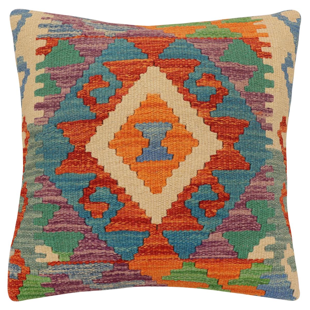 handmade Traditional Pillow Rust Blue Hand-Woven SQUARE 100% WOOL Hand woven turkish pillow2 x 2
