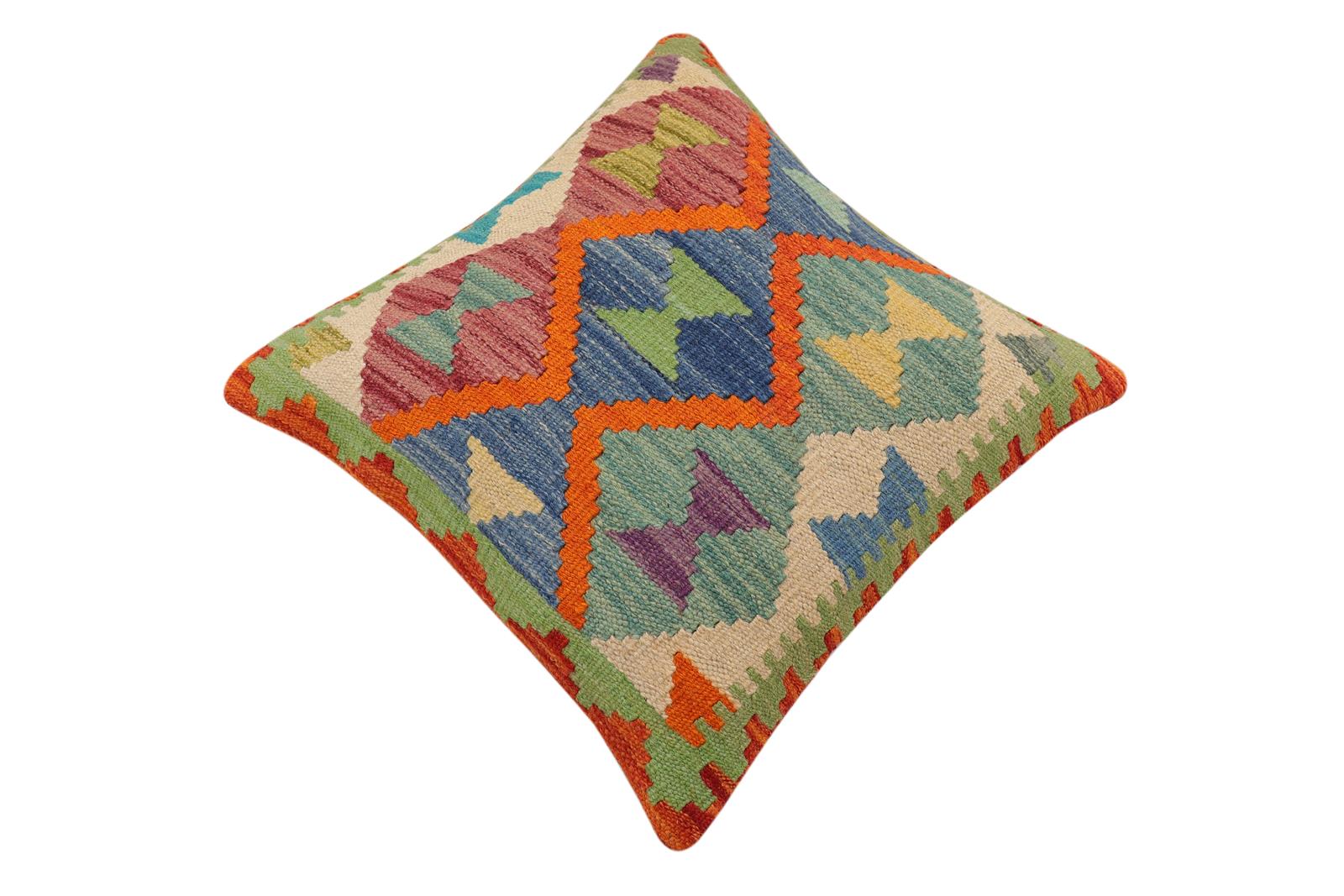 handmade Traditional Pillow Rust Blue Hand-Woven SQUARE 100% WOOL Hand woven turkish pillow2 x 2