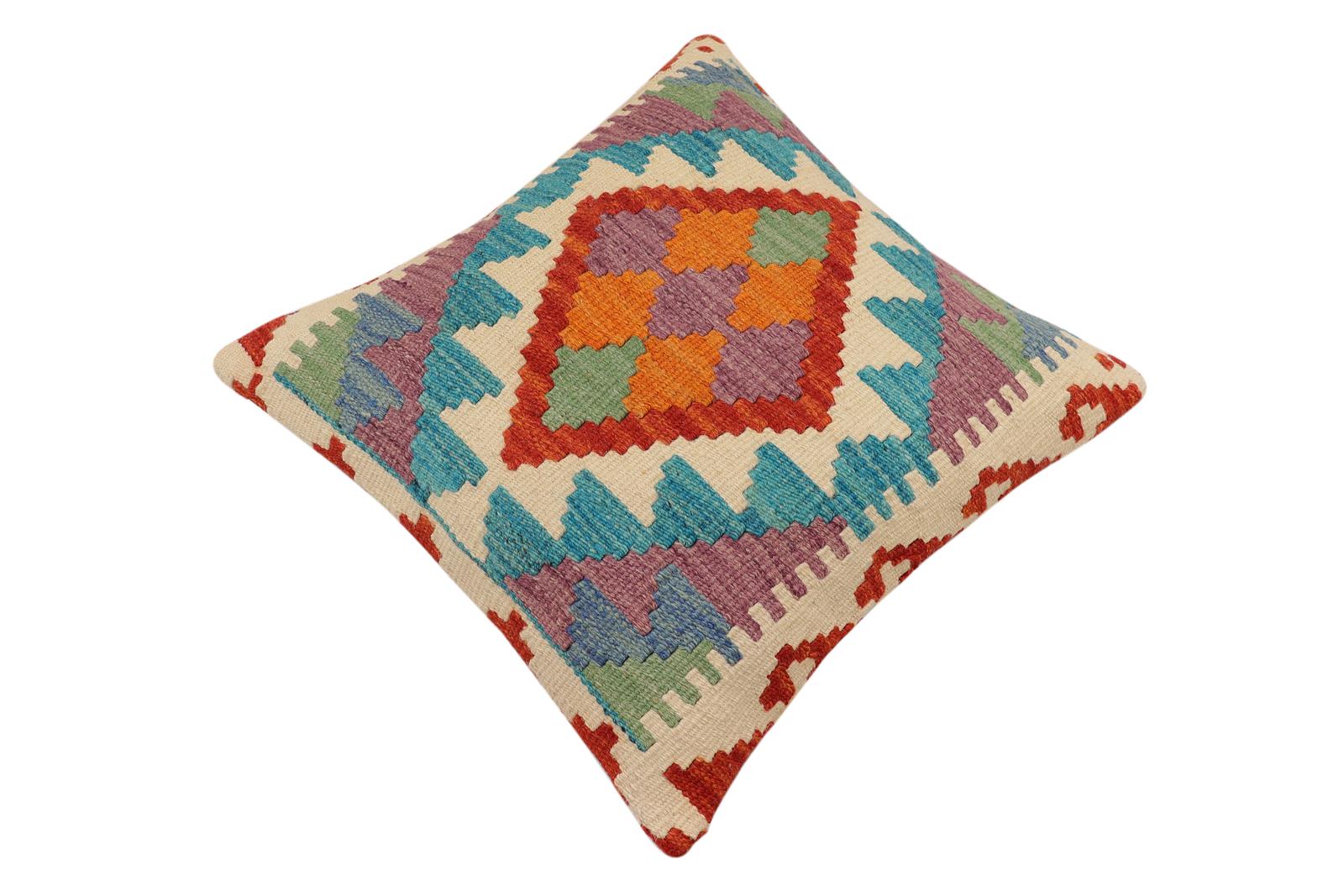 handmade Traditional Pillow Rust Blue Hand-Woven SQUARE 100% WOOL Hand woven turkish pillow2 x 2