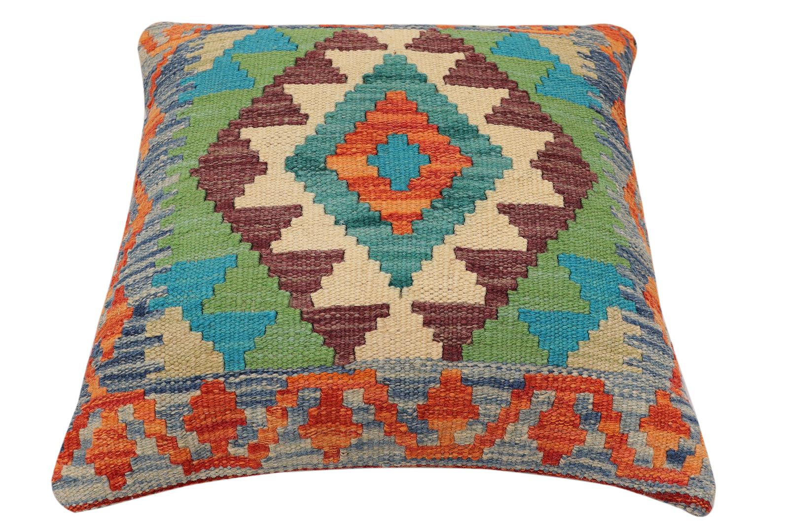 handmade Traditional Pillow Rust Blue Hand-Woven SQUARE 100% WOOL Hand woven turkish pillow2 x 2