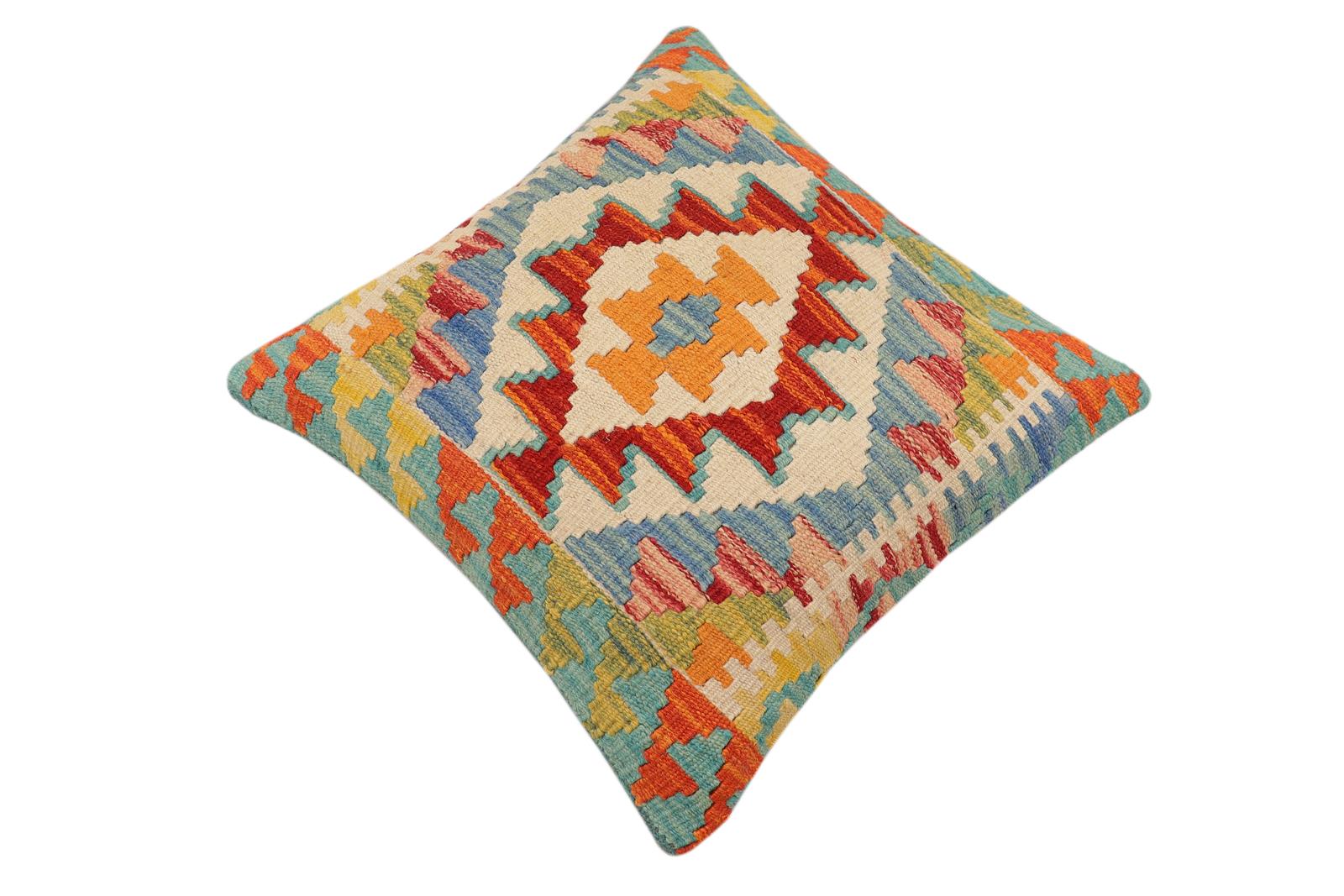 handmade Traditional Pillow Rust Blue Hand-Woven SQUARE 100% WOOL Hand woven turkish pillow2 x 2