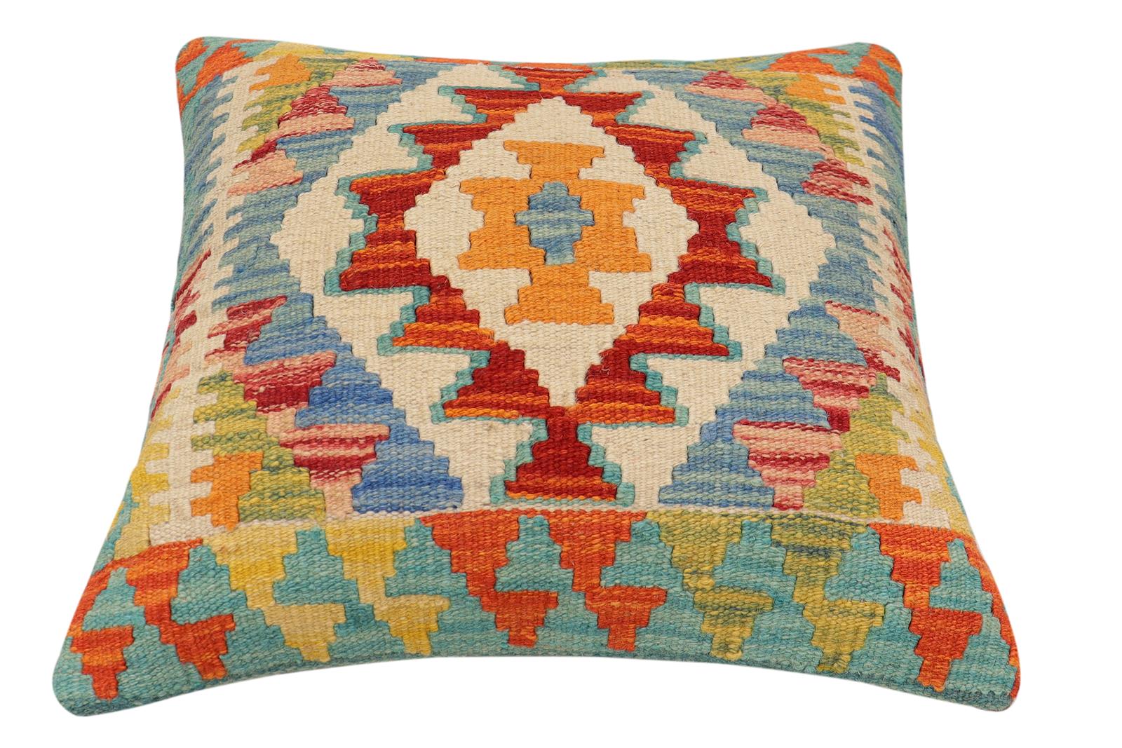 handmade Traditional Pillow Rust Blue Hand-Woven SQUARE 100% WOOL Hand woven turkish pillow2 x 2