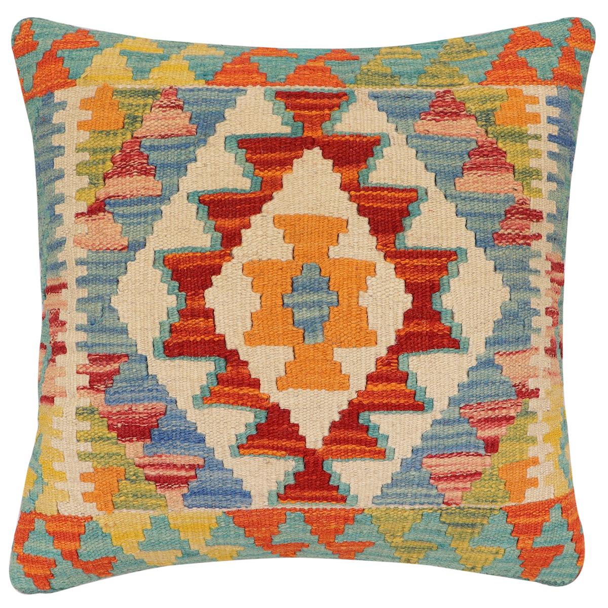 handmade Traditional Pillow Rust Blue Hand-Woven SQUARE 100% WOOL Hand woven turkish pillow2 x 2