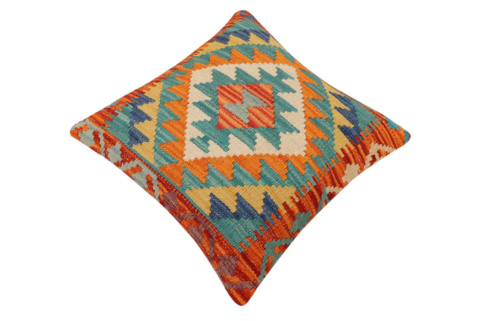 handmade Traditional Pillow Rust Blue Hand-Woven SQUARE 100% WOOL Hand woven turkish pillow2 x 2