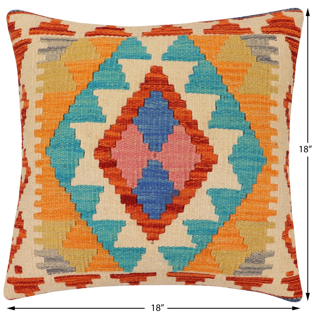 handmade Traditional Pillow Rust Blue Hand-Woven SQUARE 100% WOOL Hand woven turkish pillow2 x 2