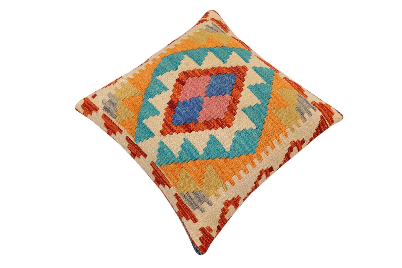 handmade Traditional Pillow Rust Blue Hand-Woven SQUARE 100% WOOL Hand woven turkish pillow2 x 2