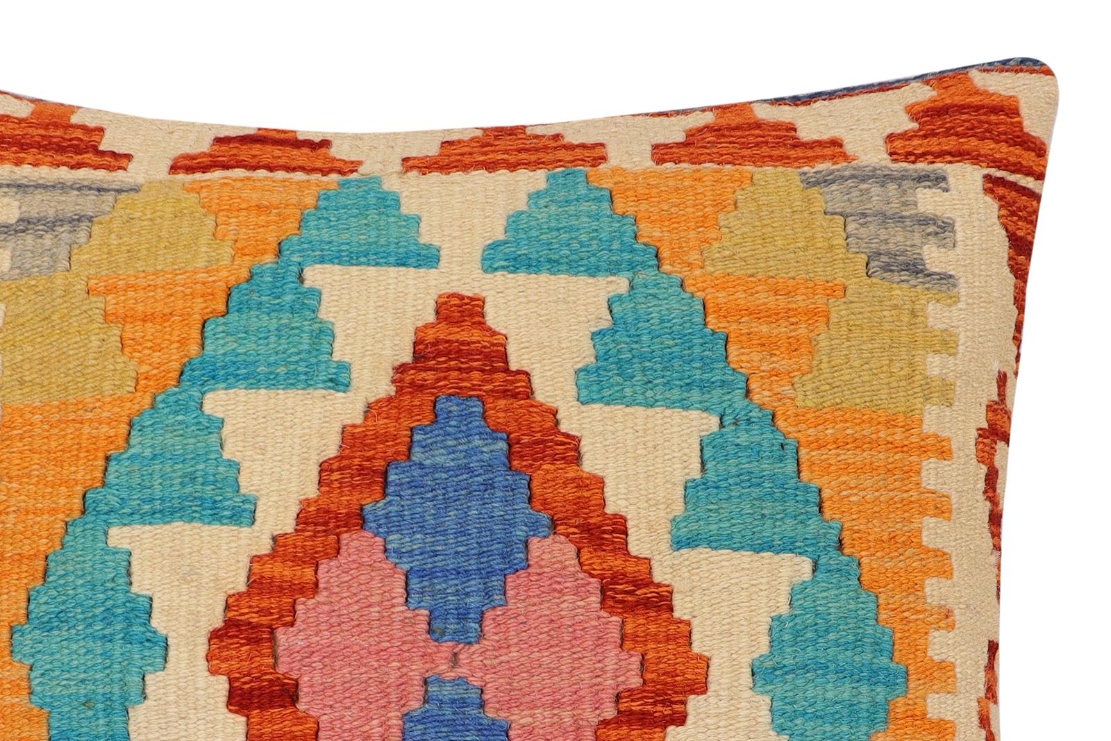 handmade Traditional Pillow Rust Blue Hand-Woven SQUARE 100% WOOL Hand woven turkish pillow2 x 2
