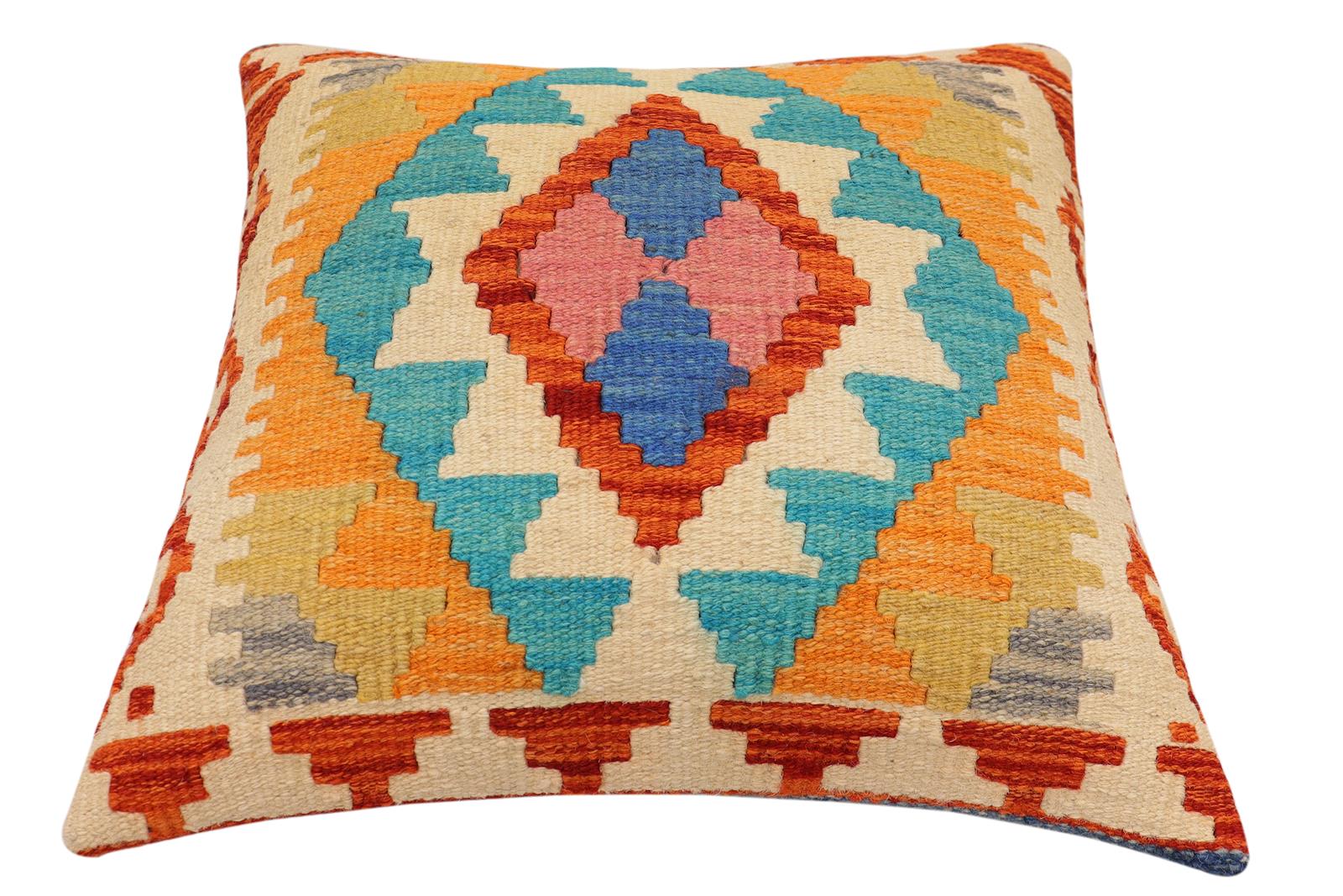 handmade Traditional Pillow Rust Blue Hand-Woven SQUARE 100% WOOL Hand woven turkish pillow2 x 2