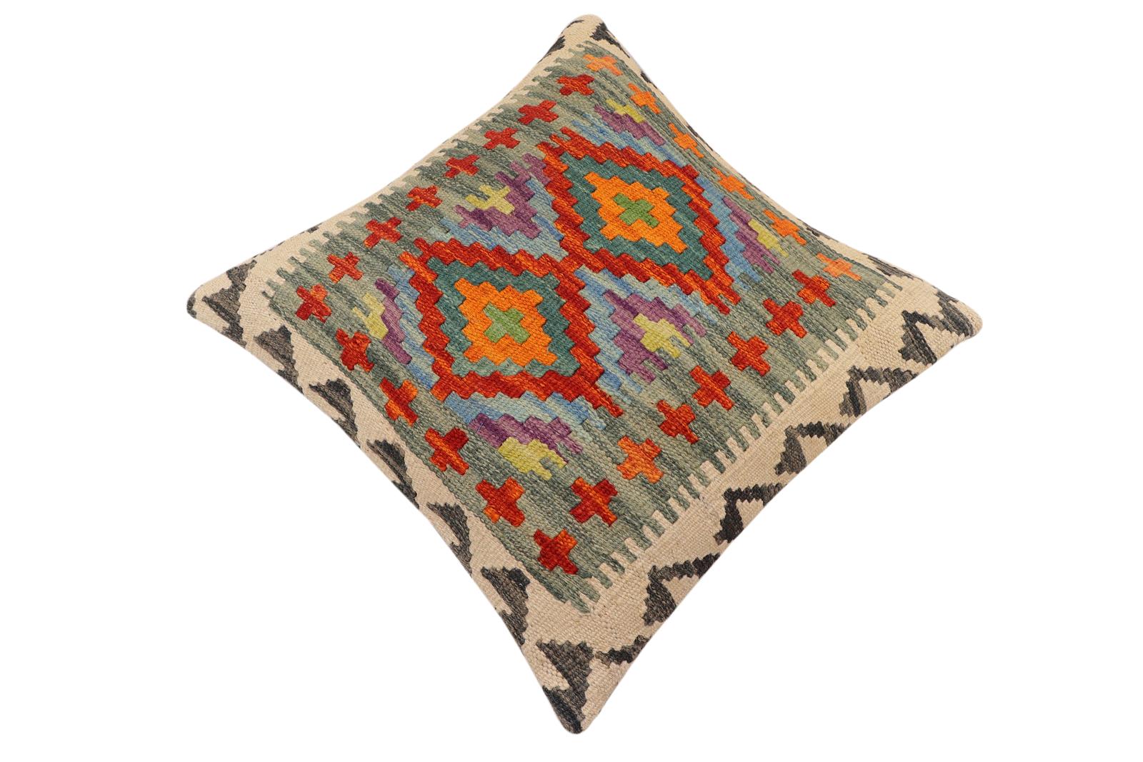 handmade Traditional Pillow Rust Blue Hand-Woven SQUARE 100% WOOL Hand woven turkish pillow2 x 2
