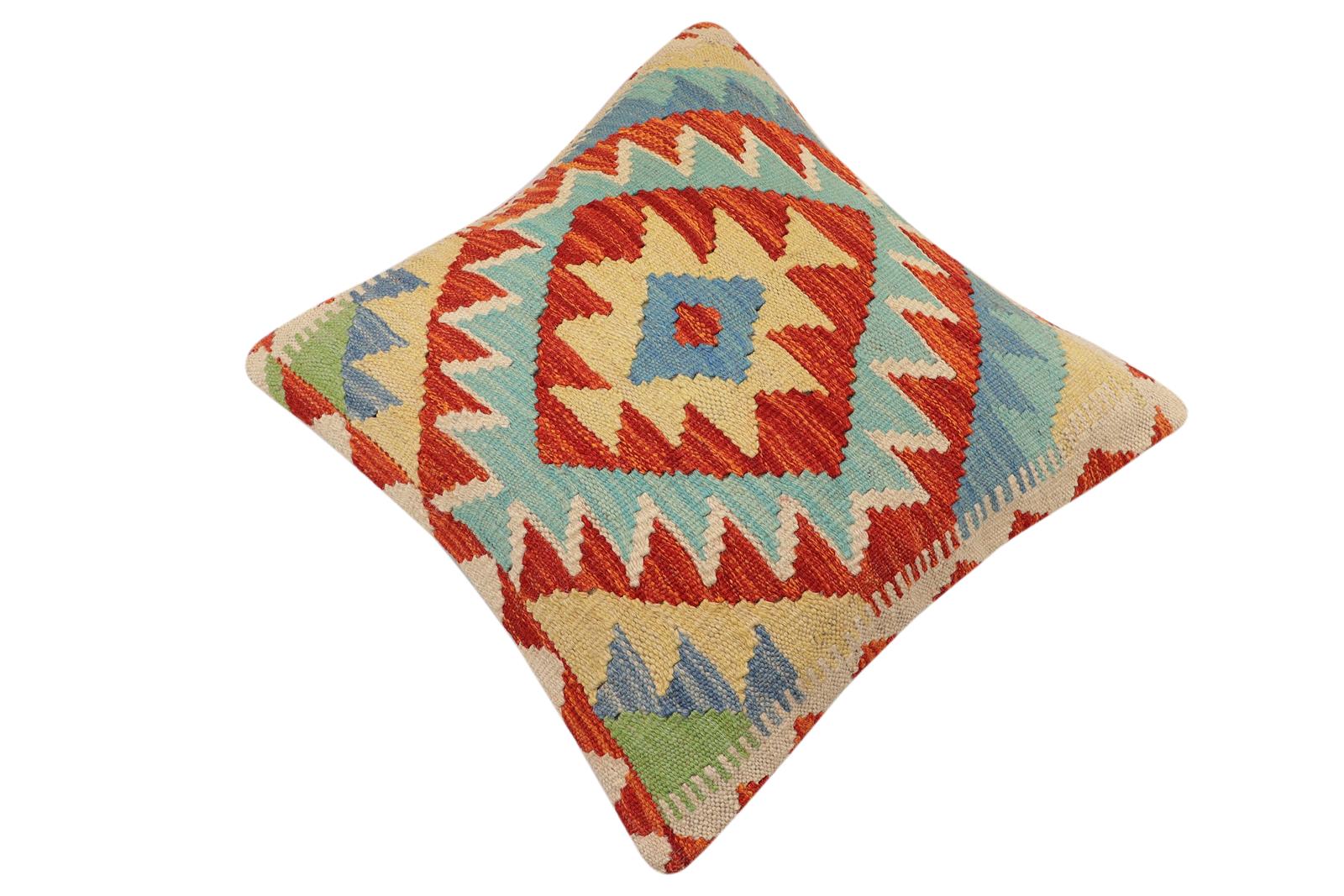 handmade Traditional Pillow Rust Blue Hand-Woven SQUARE 100% WOOL Hand woven turkish pillow2 x 2