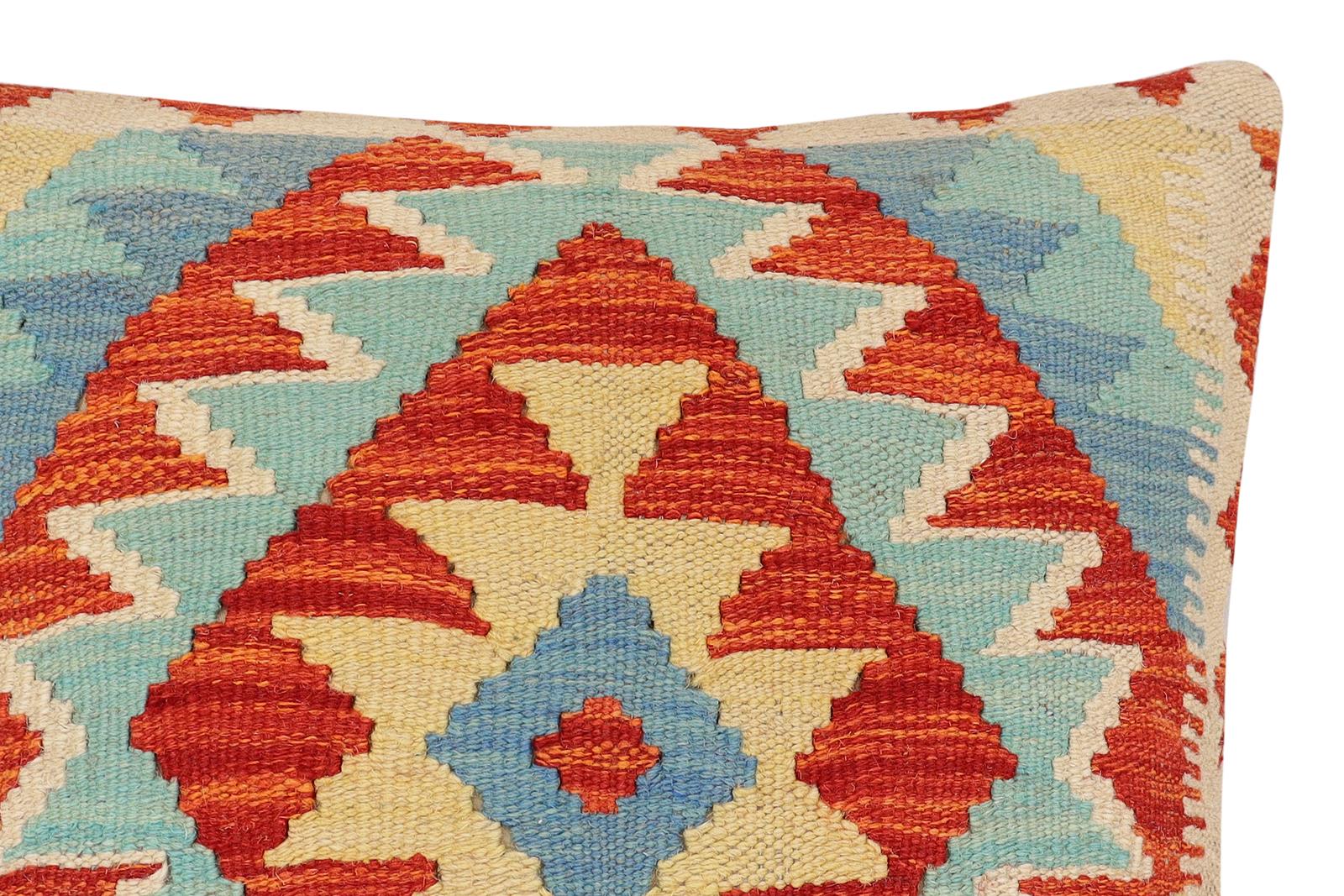 handmade Traditional Pillow Rust Blue Hand-Woven SQUARE 100% WOOL Hand woven turkish pillow2 x 2