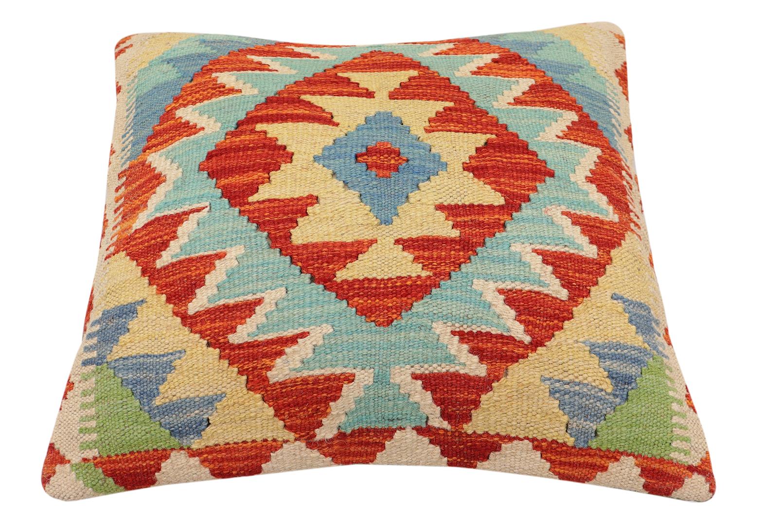 handmade Traditional Pillow Rust Blue Hand-Woven SQUARE 100% WOOL Hand woven turkish pillow2 x 2