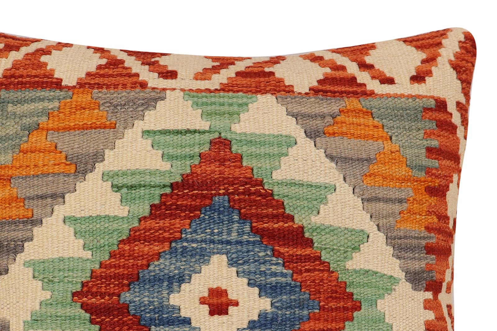 handmade Traditional Pillow Rust Blue Hand-Woven SQUARE 100% WOOL Hand woven turkish pillow2 x 2