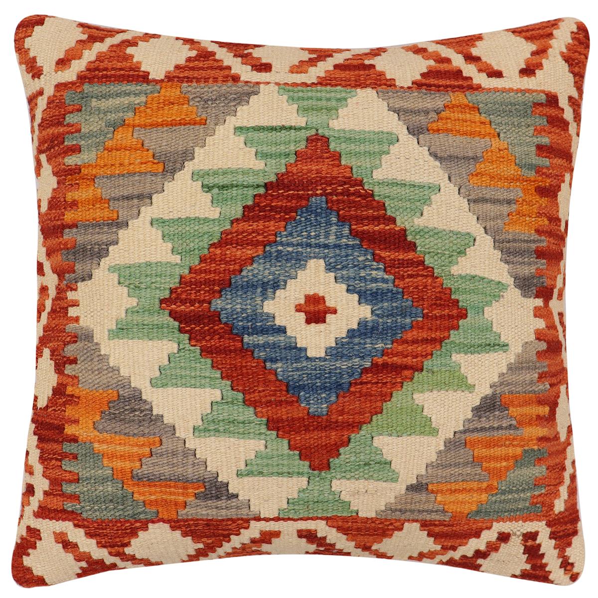 handmade Traditional Pillow Rust Blue Hand-Woven SQUARE 100% WOOL Hand woven turkish pillow2 x 2