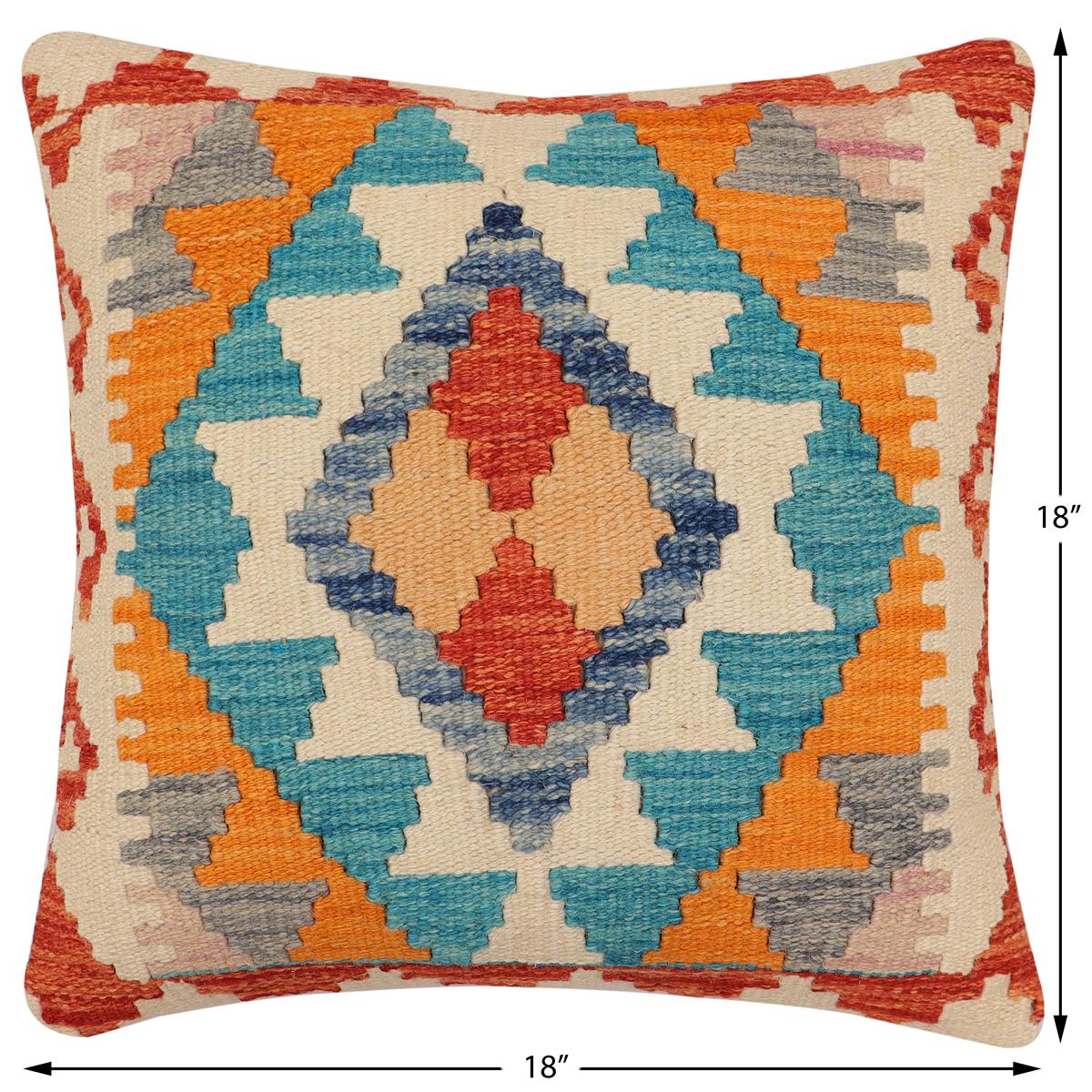 handmade Traditional Pillow Rust Blue Hand-Woven SQUARE 100% WOOL Hand woven turkish pillow2 x 2
