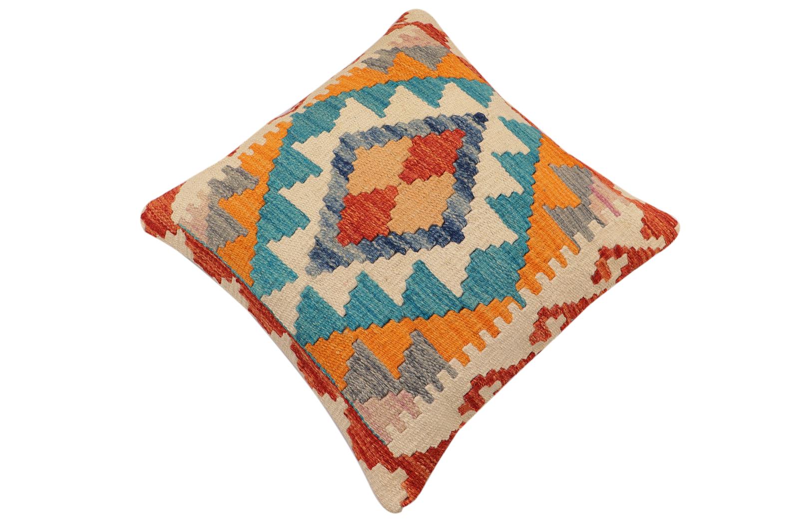 handmade Traditional Pillow Rust Blue Hand-Woven SQUARE 100% WOOL Hand woven turkish pillow2 x 2