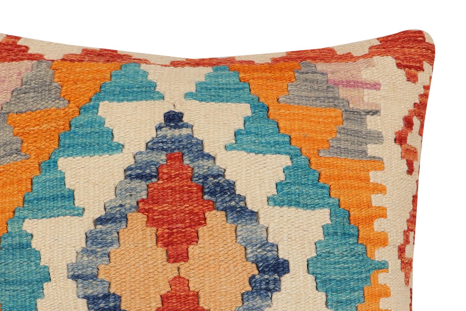 handmade Traditional Pillow Rust Blue Hand-Woven SQUARE 100% WOOL Hand woven turkish pillow2 x 2