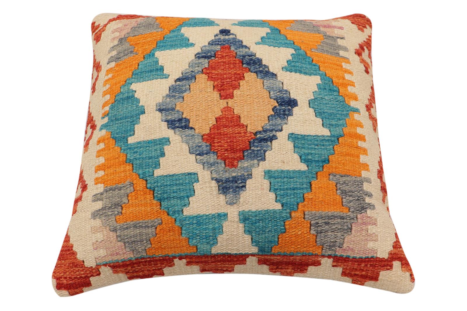 handmade Traditional Pillow Rust Blue Hand-Woven SQUARE 100% WOOL Hand woven turkish pillow2 x 2