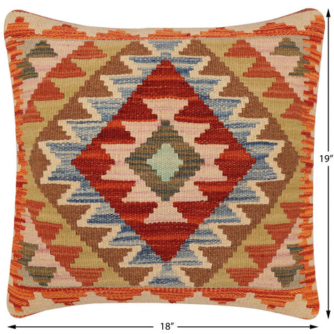 handmade Traditional Pillow Rust Blue Hand-Woven SQUARE 100% WOOL  Hand woven turkish pillow  2 x 2