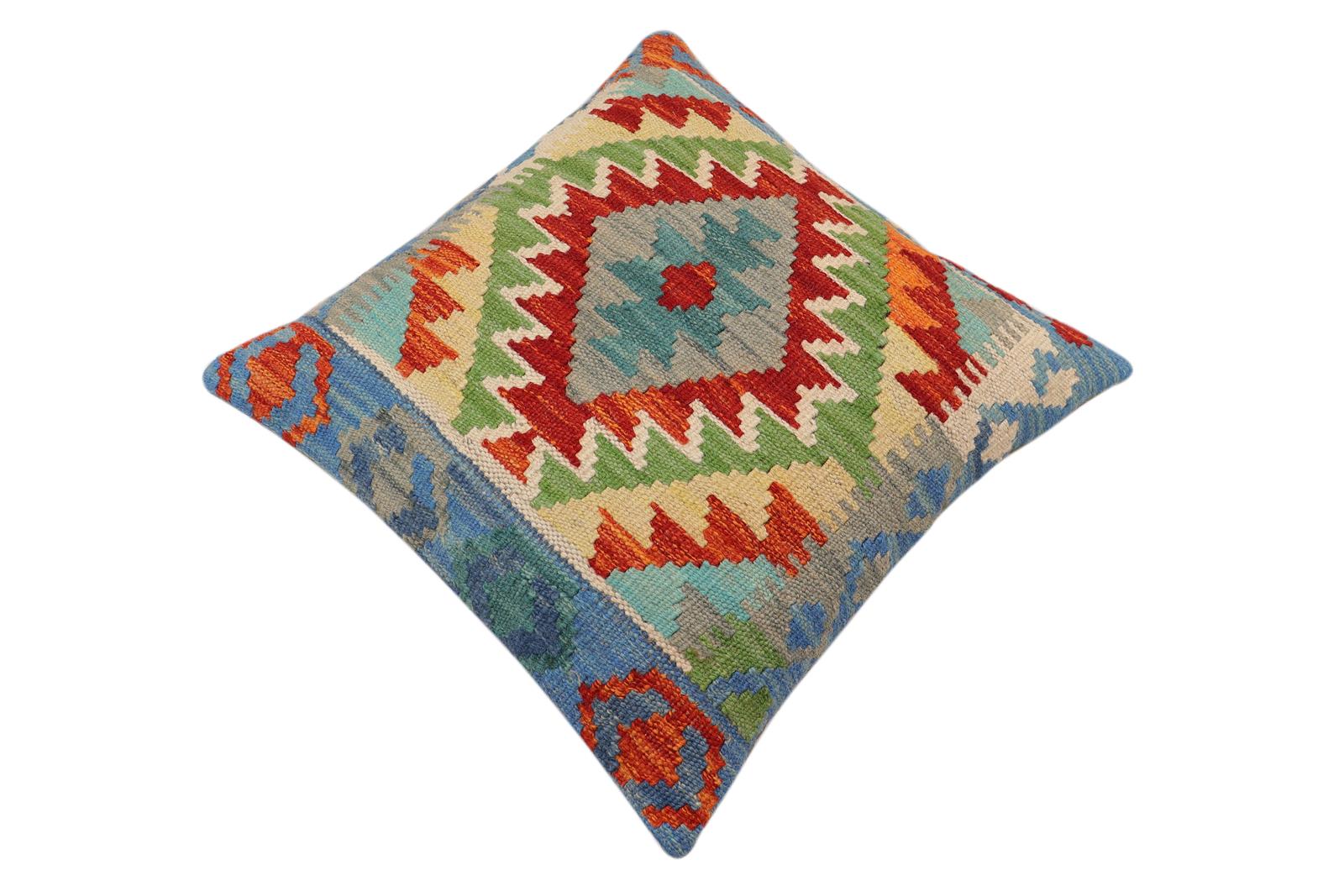 handmade Traditional Pillow Rust Blue Hand-Woven SQUARE 100% WOOL Hand woven turkish pillow2 x 2