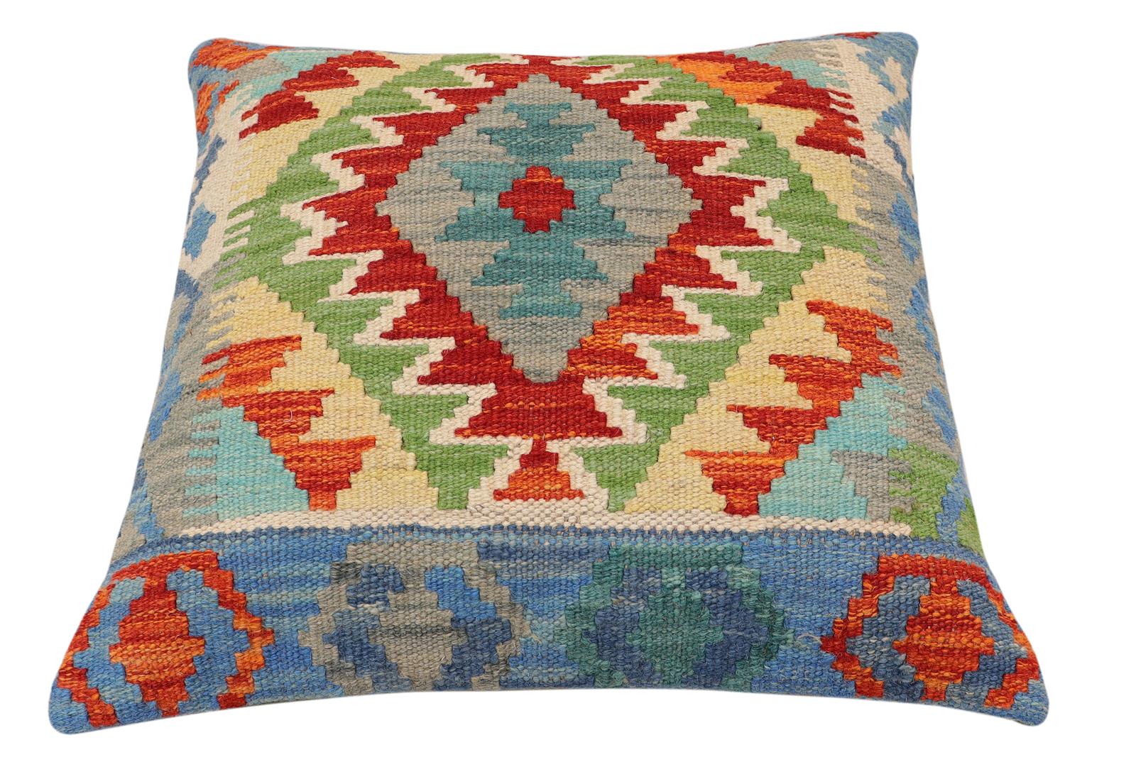 handmade Traditional Pillow Rust Blue Hand-Woven SQUARE 100% WOOL Hand woven turkish pillow2 x 2