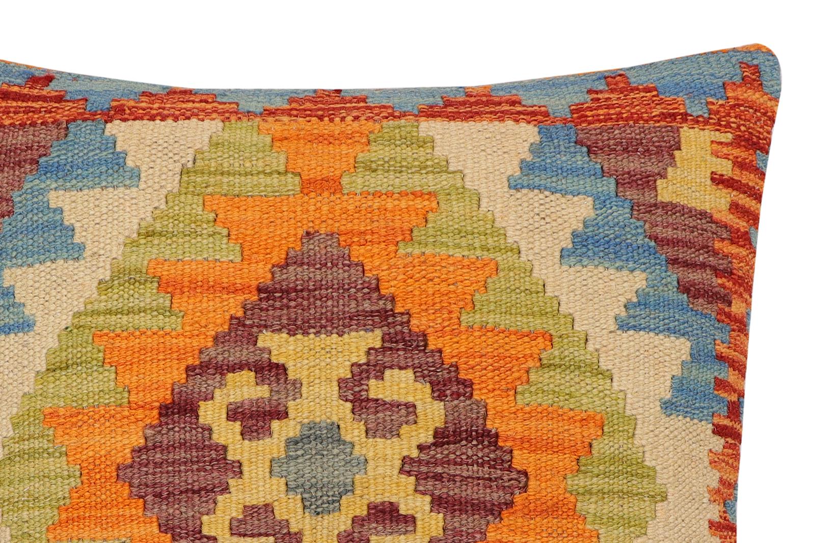 handmade Traditional Pillow Rust Blue Hand-Woven SQUARE 100% WOOL Hand woven turkish pillow2 x 2