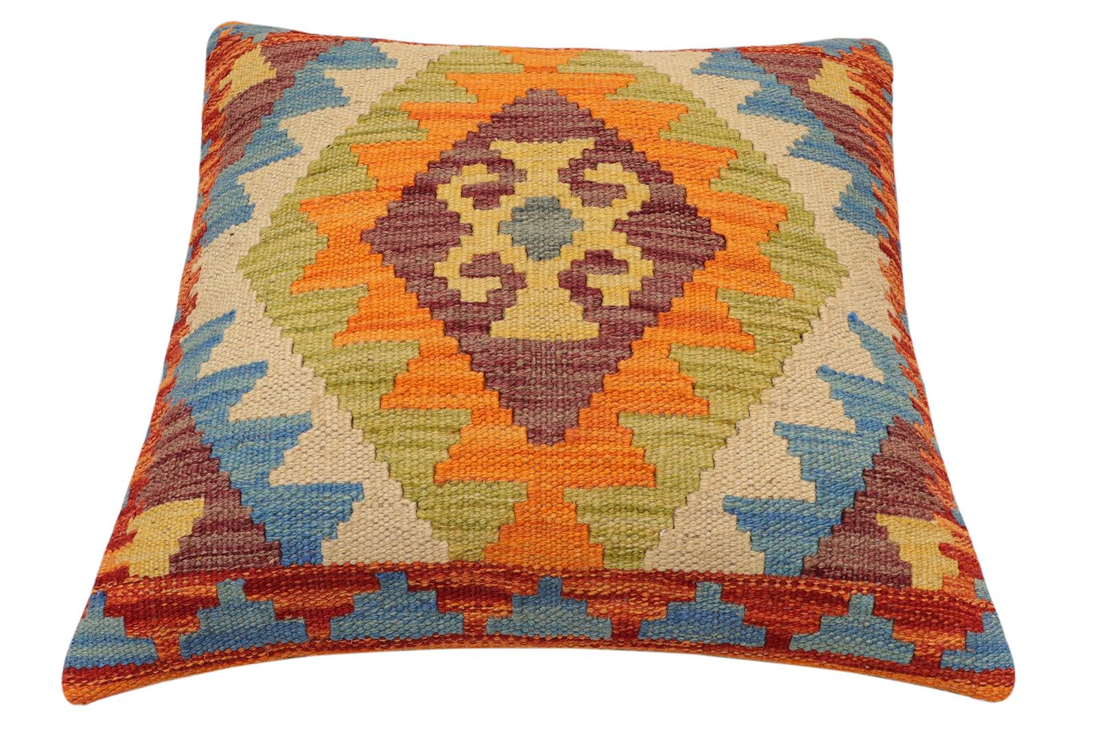 handmade Traditional Pillow Rust Blue Hand-Woven SQUARE 100% WOOL Hand woven turkish pillow2 x 2