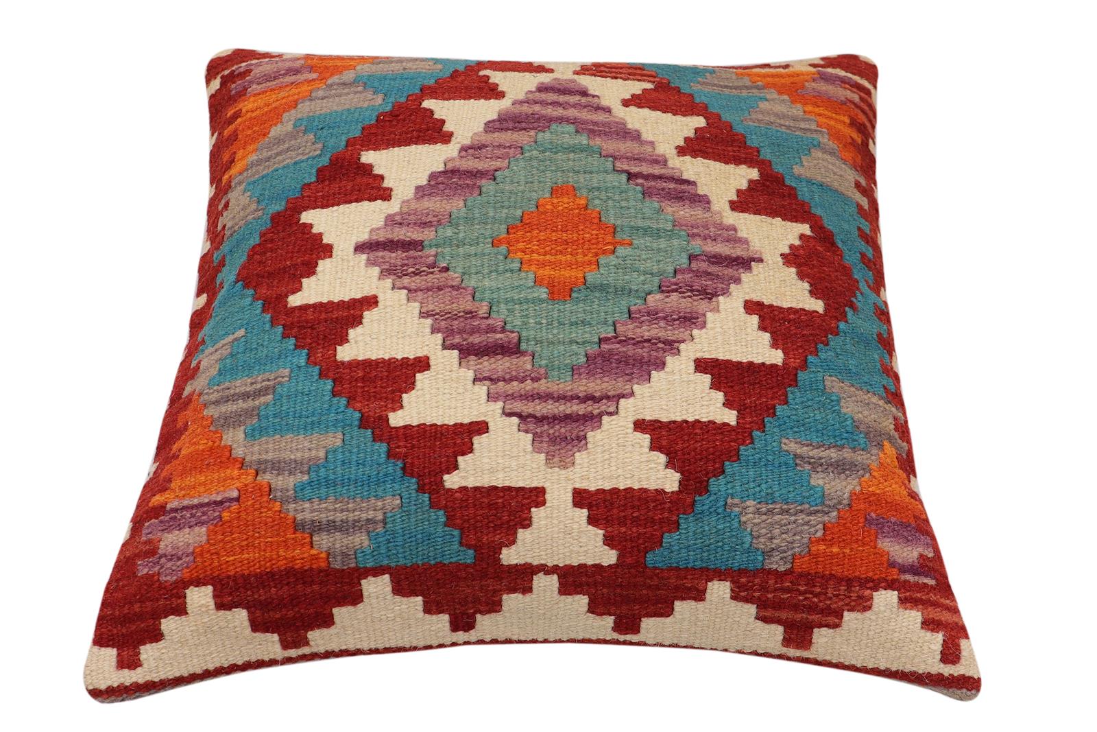 handmade Traditional Pillow Rust Blue Hand-Woven SQUARE 100% WOOL Hand woven turkish pillow2 x 2