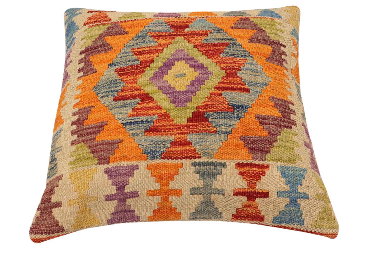 handmade Traditional Pillow Rust Blue Hand-Woven SQUARE 100% WOOL Hand woven turkish pillow2 x 2