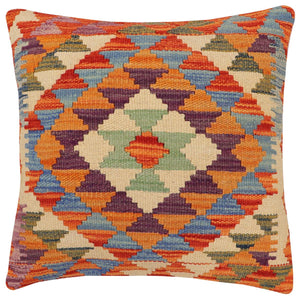 17x17 hand woven kilim throw pillow in rust, blue and beige - Tribal Alvar