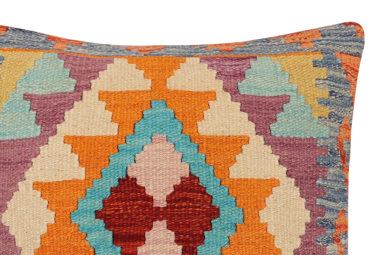 handmade Traditional Pillow Rust Blue Hand-Woven SQUARE 100% WOOL Hand woven turkish pillow2 x 2