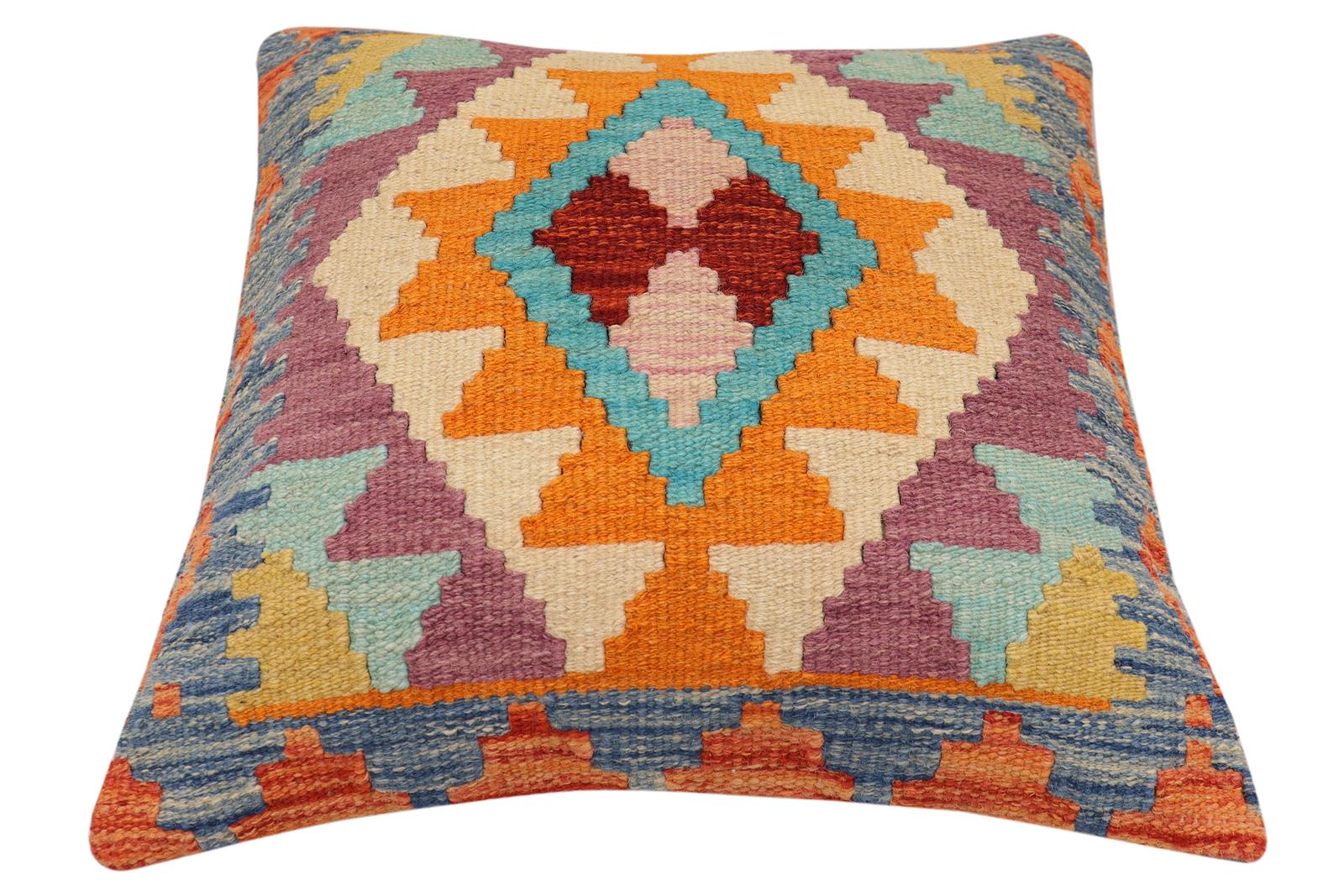handmade Traditional Pillow Rust Blue Hand-Woven SQUARE 100% WOOL Hand woven turkish pillow2 x 2