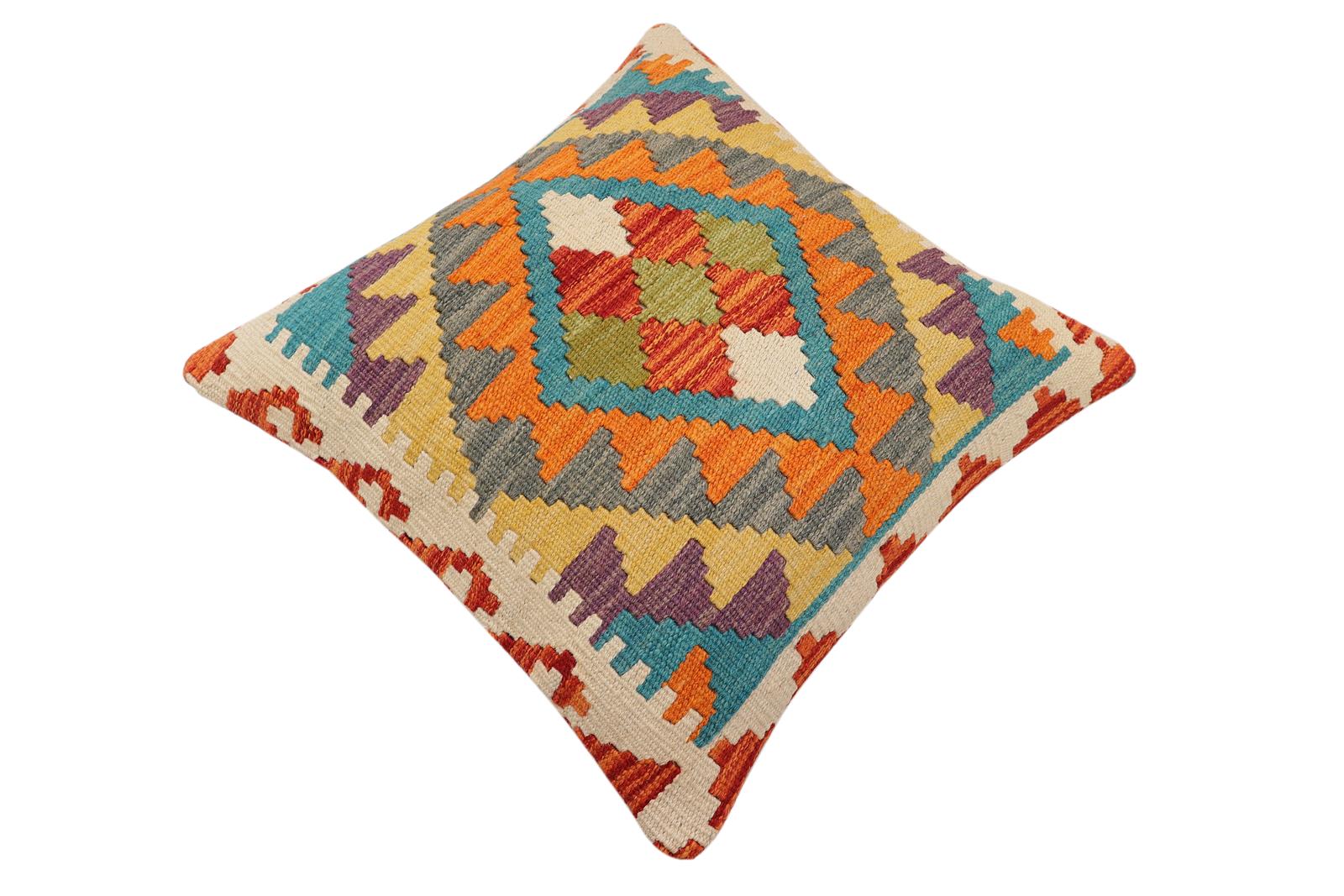 handmade Traditional Pillow Rust Blue Hand-Woven SQUARE 100% WOOL Hand woven turkish pillow2 x 2