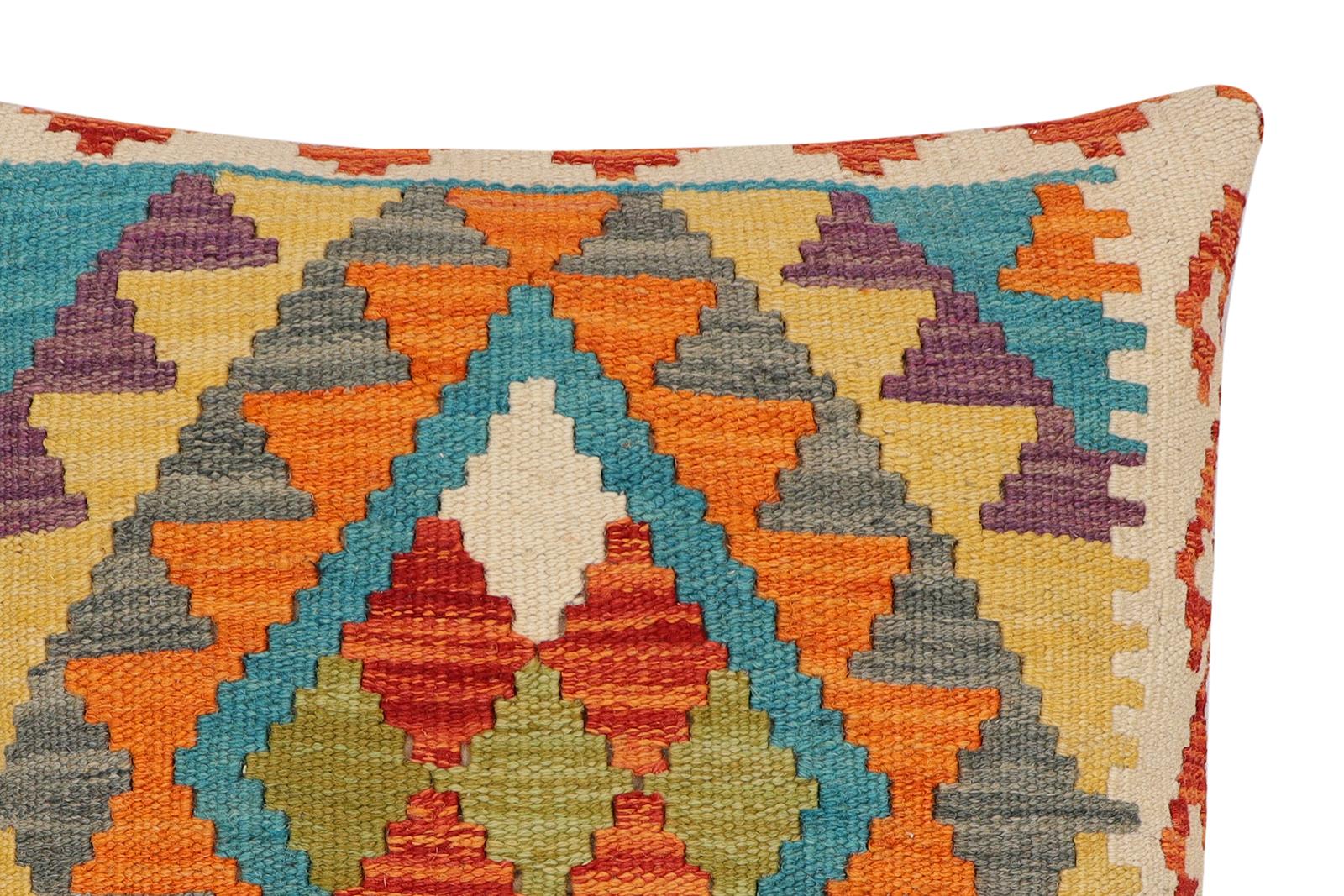 handmade Traditional Pillow Rust Blue Hand-Woven SQUARE 100% WOOL Hand woven turkish pillow2 x 2
