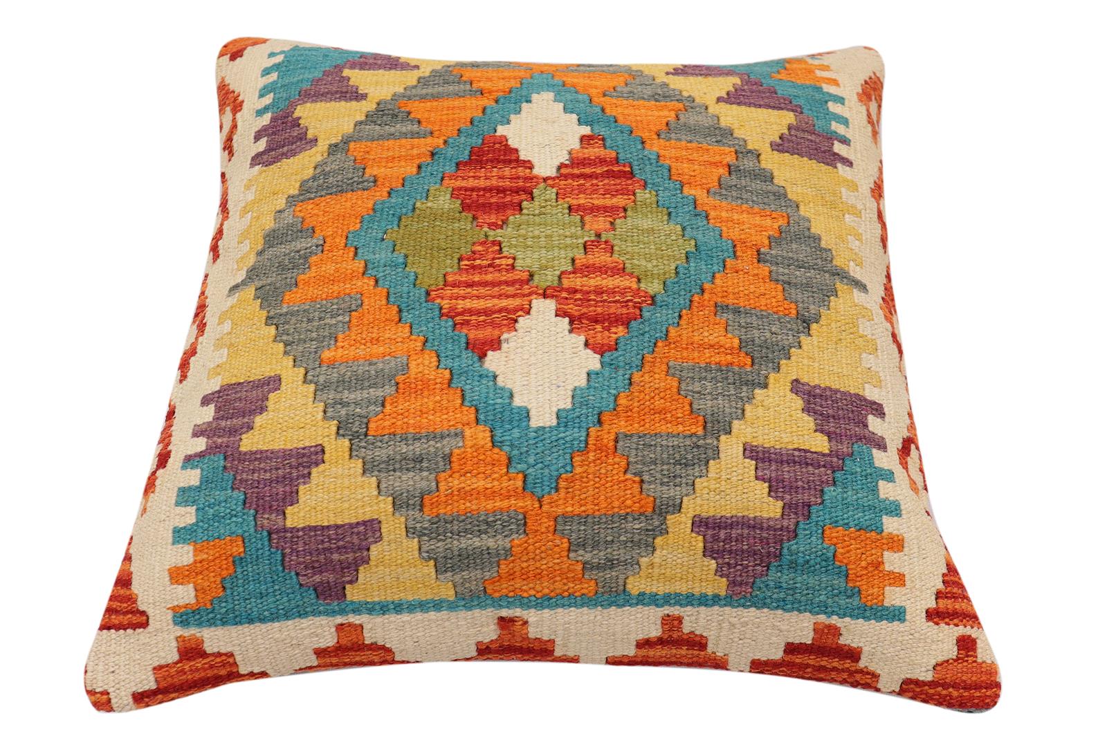handmade Traditional Pillow Rust Blue Hand-Woven SQUARE 100% WOOL Hand woven turkish pillow2 x 2