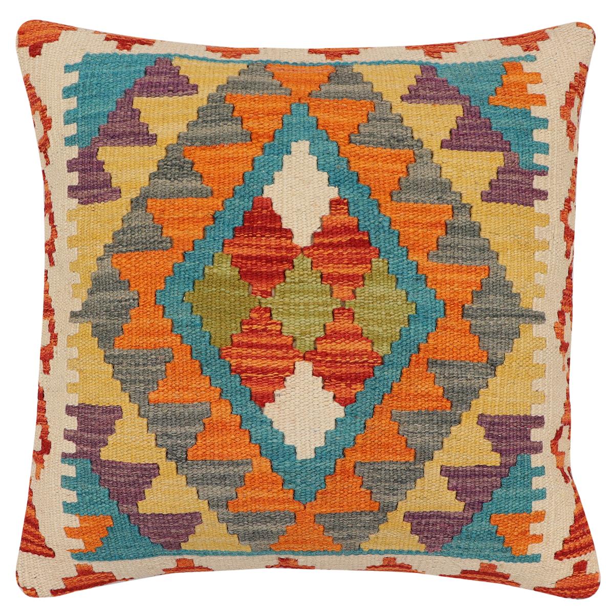 handmade Traditional Pillow Rust Blue Hand-Woven SQUARE 100% WOOL Hand woven turkish pillow2 x 2