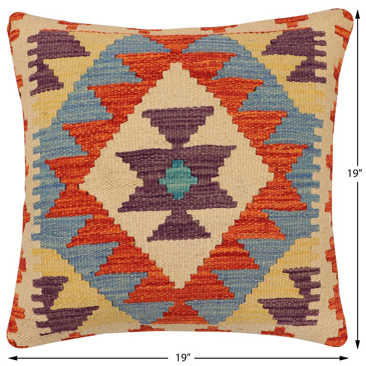 handmade Traditional Pillow Rust Blue Hand-Woven SQUARE 100% WOOL  Hand woven turkish pillow  2 x 2