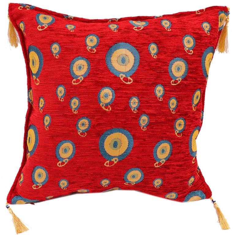 Turkish chenille jacquard throw pillow with cintamani design in red with gold tassels - Starry Night Glory