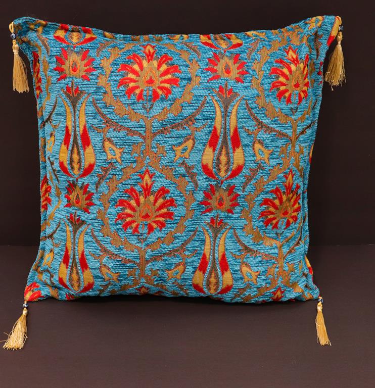 Turkish chenille jacquard throw pillow with suzani tulip design in turquoise with gold tassels - Suzani Tulip