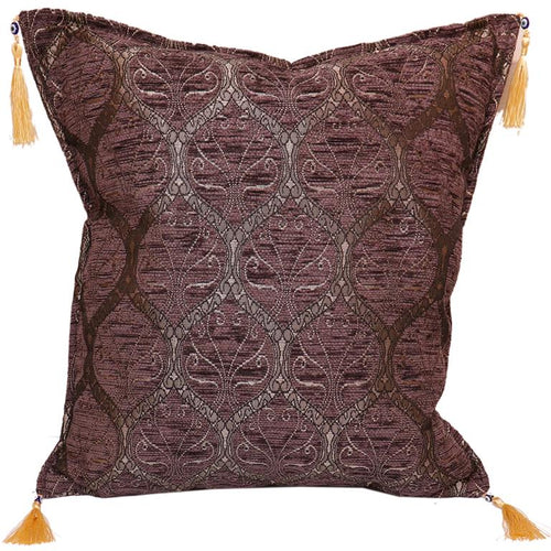 Turkish chenille jacquard throw pillow with trellis design in brown with gold tassels - Trellis Myrtus