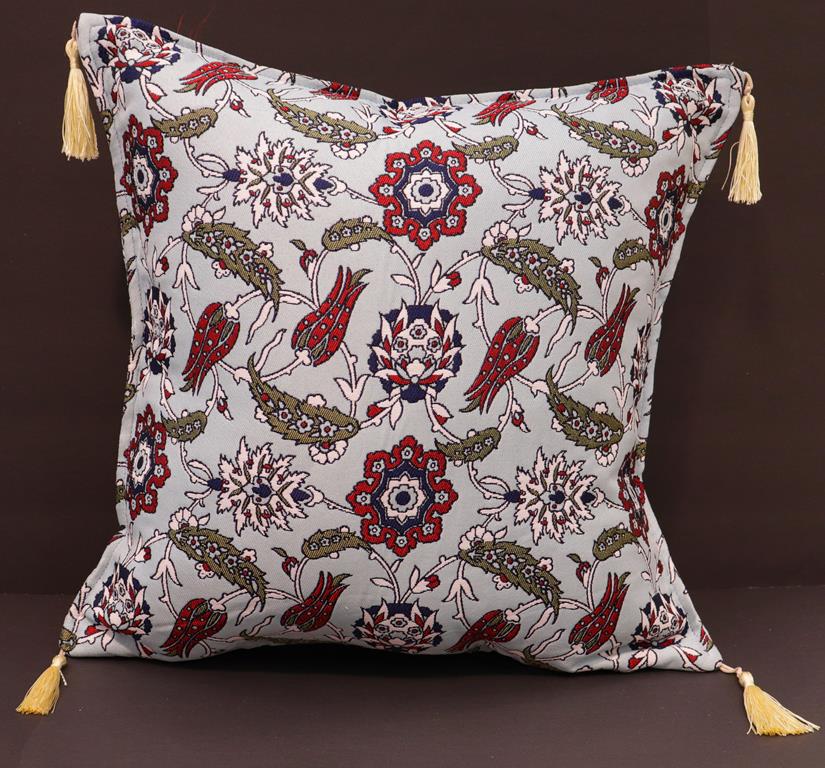 Turkish chenille jacquard throw pillow with floral paisley design in white with gold tassels - Amelia Mangolia
