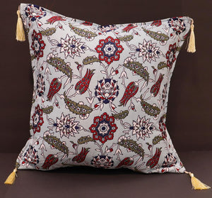 Turkish chenille jacquard throw pillow with floral paisley design in white with gold tassels - Amelia Mangolia