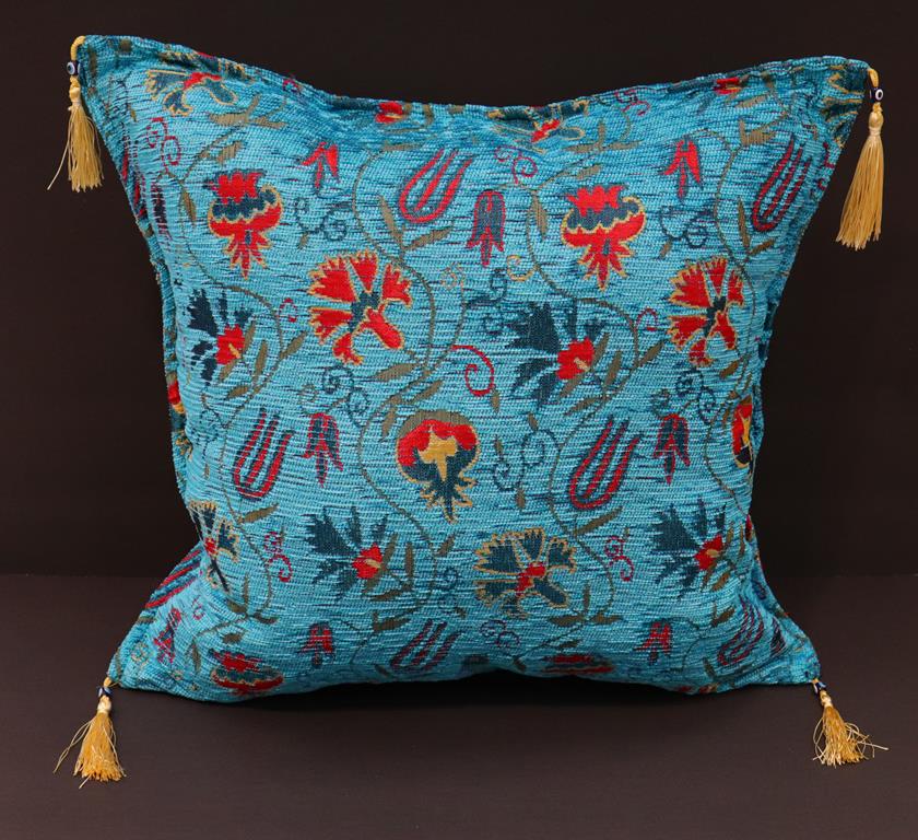 Turkish chenille jacquard throw pillow with carnation and tulip design in turquoise with gold tassels - Carnation Fern