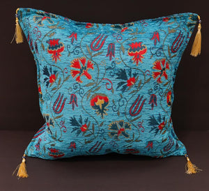 Turkish chenille jacquard throw pillow with carnation and tulip design in turquoise with gold tassels - Carnation Fern