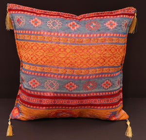 Turkish chenille jacquard throw pillow with kilim stripe design in orange with gold tassels - Anatolian Astilbe