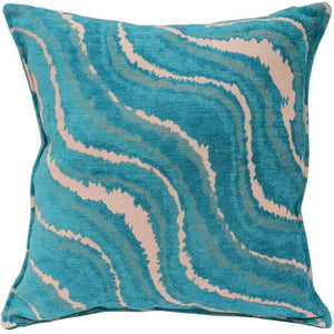 Turkish silk throw pillow with wave design in turquoise - Galaxy Rue Blue Ivory
