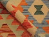 handmade Geometric Kilim Tan Blue Hand-Woven RECTANGLE 100% WOOL area rug 7x10