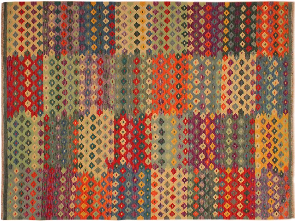 handmade Geometric Kilim Green Red Hand-Woven RECTANGLE 100% WOOL area rug 7x10