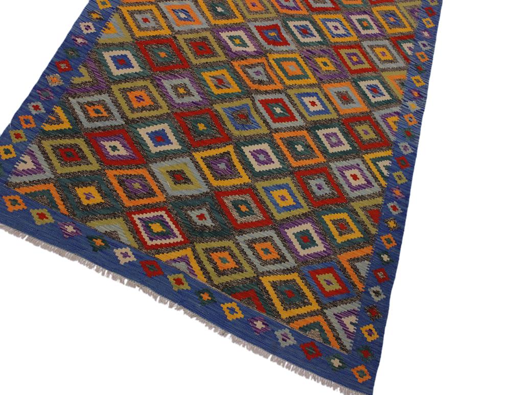 handmade Geometric Kilim Brown Blue Hand-Woven RECTANGLE 100% WOOL area rug 5x8