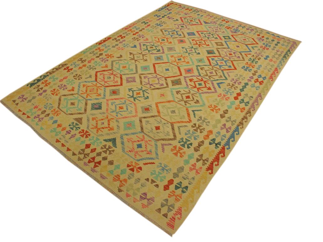 handmade Geometric Kilim Tan Blue Hand-Woven RECTANGLE 100% WOOL area rug 7x10